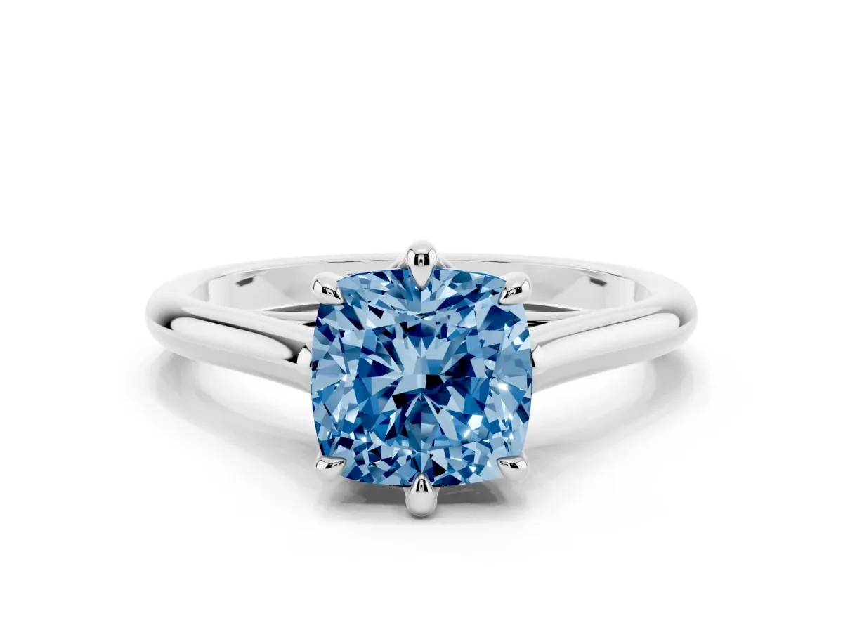 Fancy Blue Cushion Cut Solitaire Engagement Ring with Six-Prong Setting and Classic Band Platinum