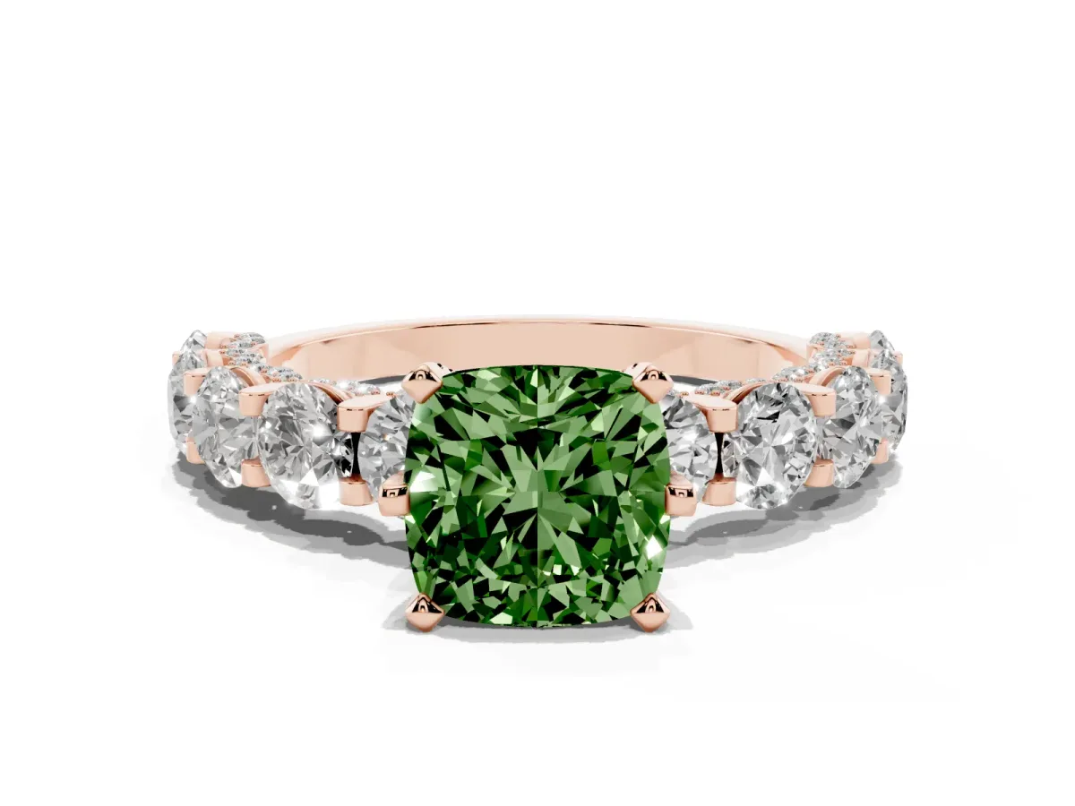 Fancy Green Cushion Cut Diamond Side Stone Engagement Ring with Four-Prong Setting Rose gold