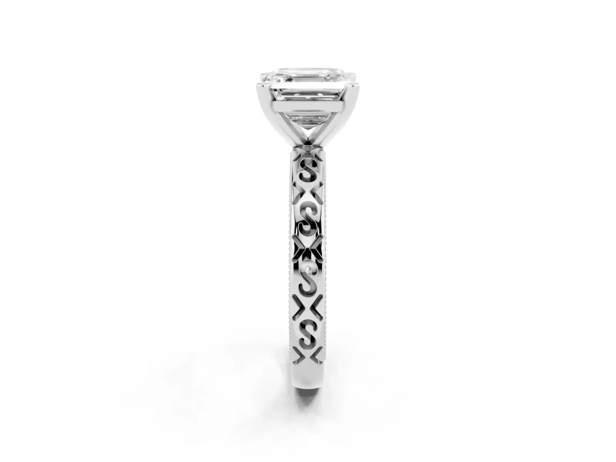 Asscher Cut Solitaire Engagement Ring with Scrollwork Band and Four-Prong Setting Silver