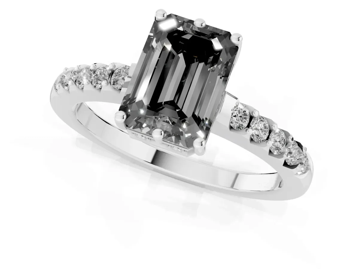 Fancy Black Emerald Cut Solitaire Diamond Engagement Ring with Pavé Band and Six-Prong Setting Platinum