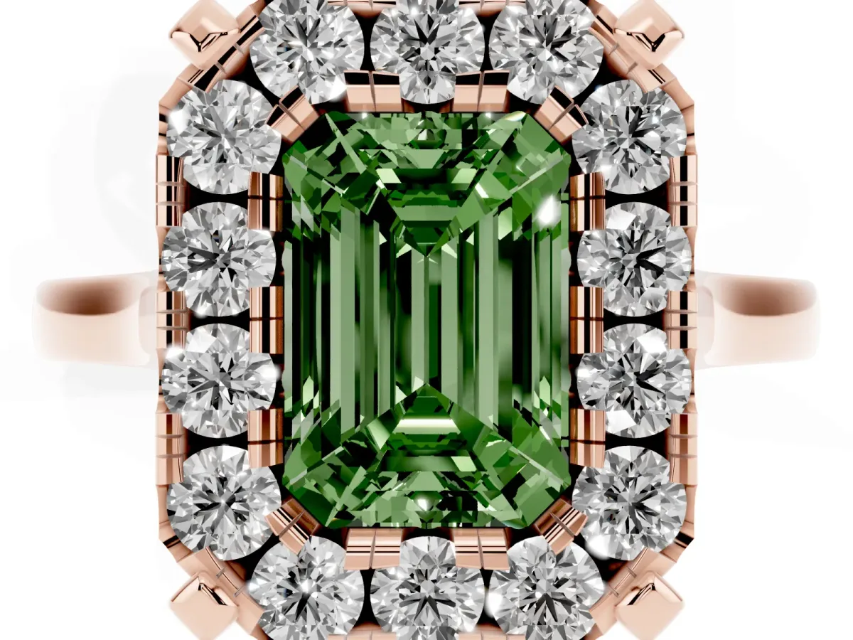 Fancy Green Emerald Cut Diamond Cluster Halo Solitaire with Four-Prong Setting Rose gold