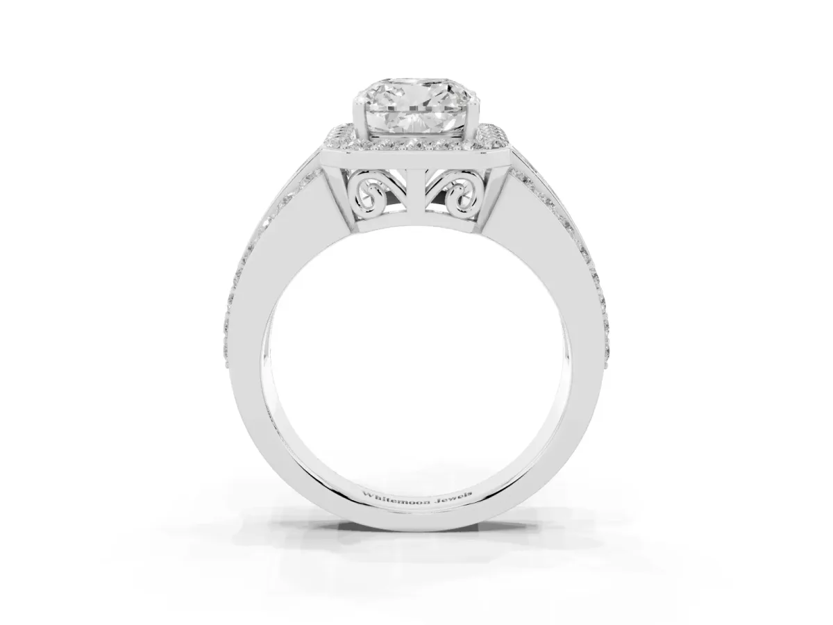 0.5 Carat Cushion Cut Halo Ring with Round Split Shank and Prong Setting White gold
