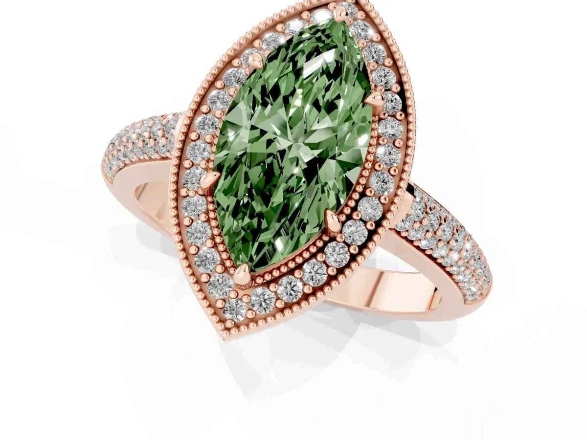 Fancy Green Marquise Cut Cut Halo Diamond Pave Band with Four-Prong Setting Rose gold