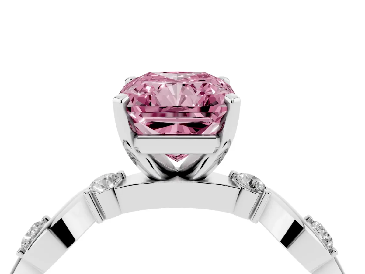Fancy Pink Radiant Cut Diamond Solitaire Twisted Band with Round Accents and Prong Setting White gold