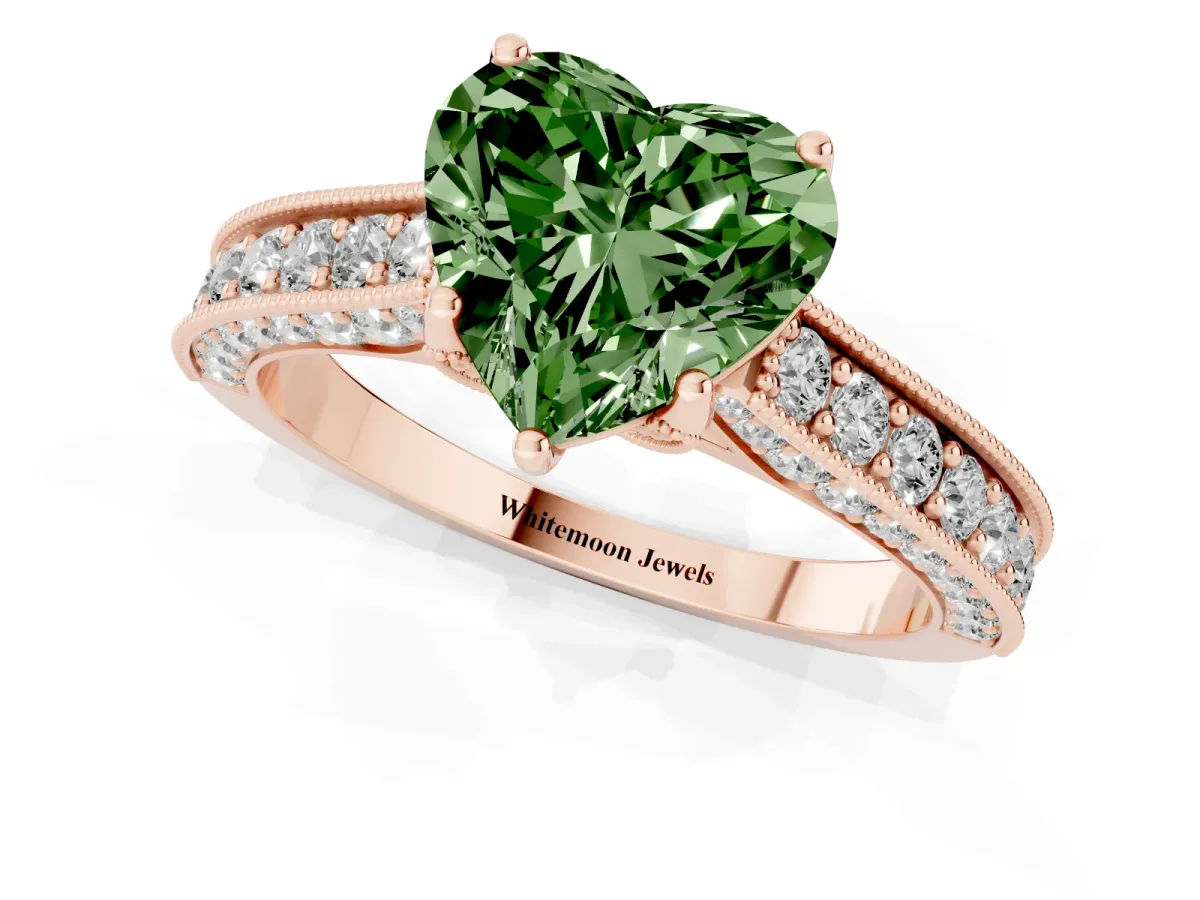 Fancy Green Heart Cut Cut Diamond Solitaire Ring with Milgrain Pave Band and Four Prong Setting Rose gold