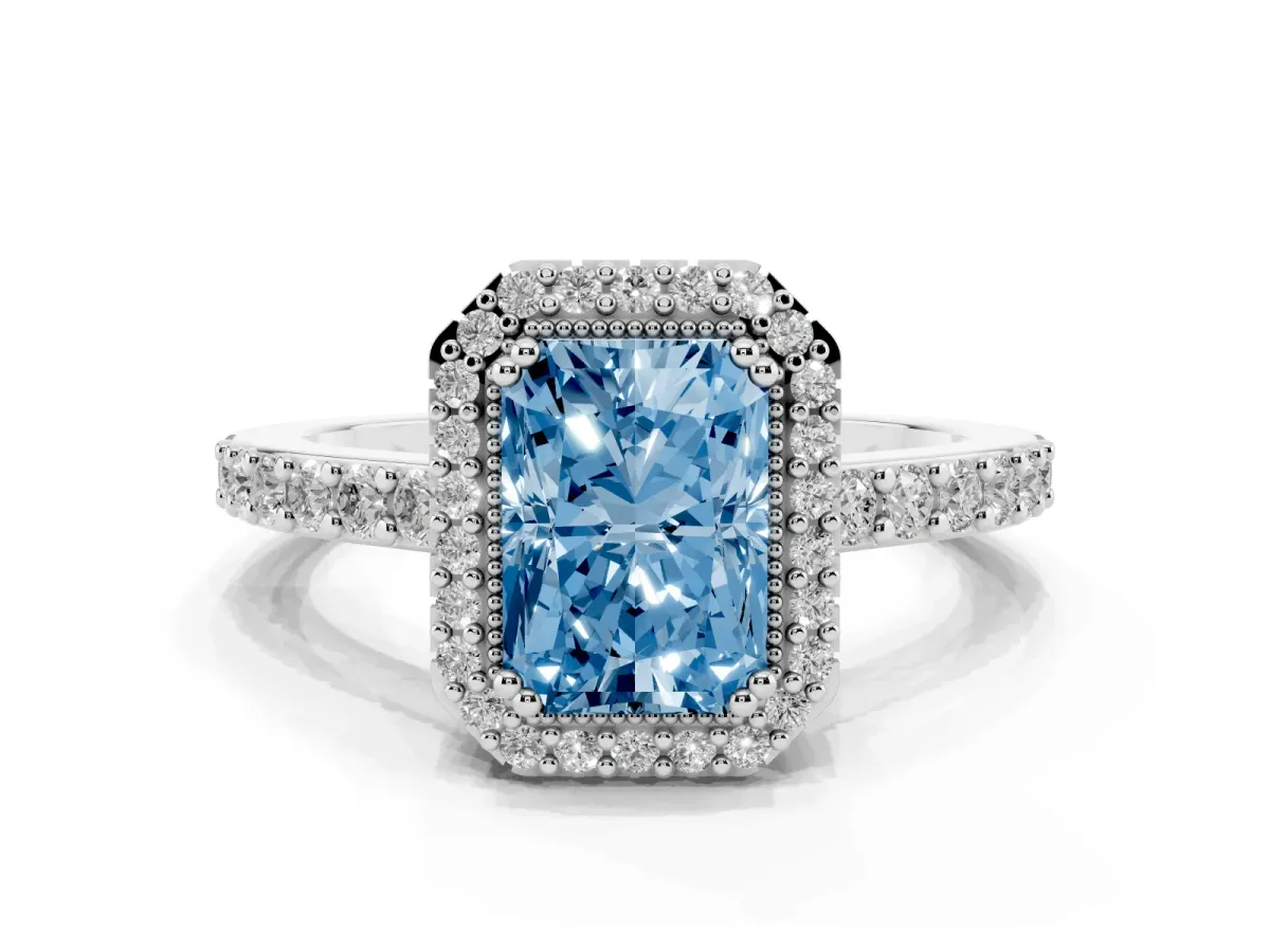Fancy Blue Radiant Cut Cut Diamond Halo Engagement Ring with Milgrain Detail and Pavé Band Platinum
