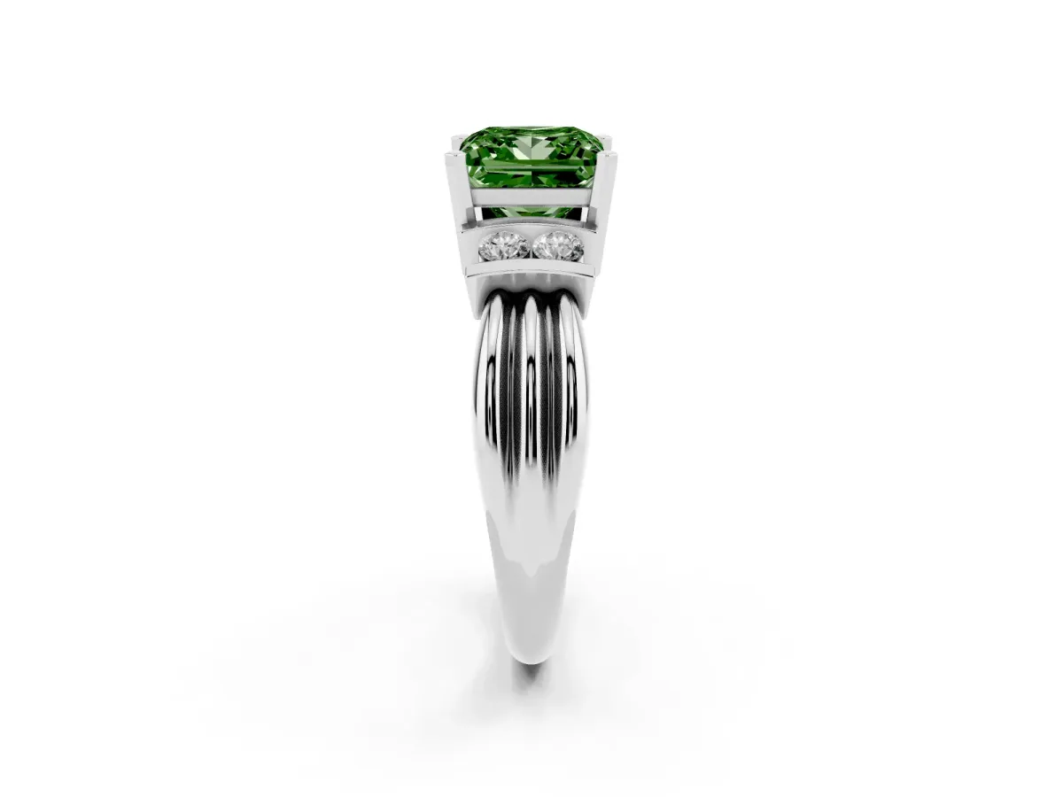 Fancy Green Princess Cut Cut Three-Stone Channel Set Ring with Bar Prongs Silver