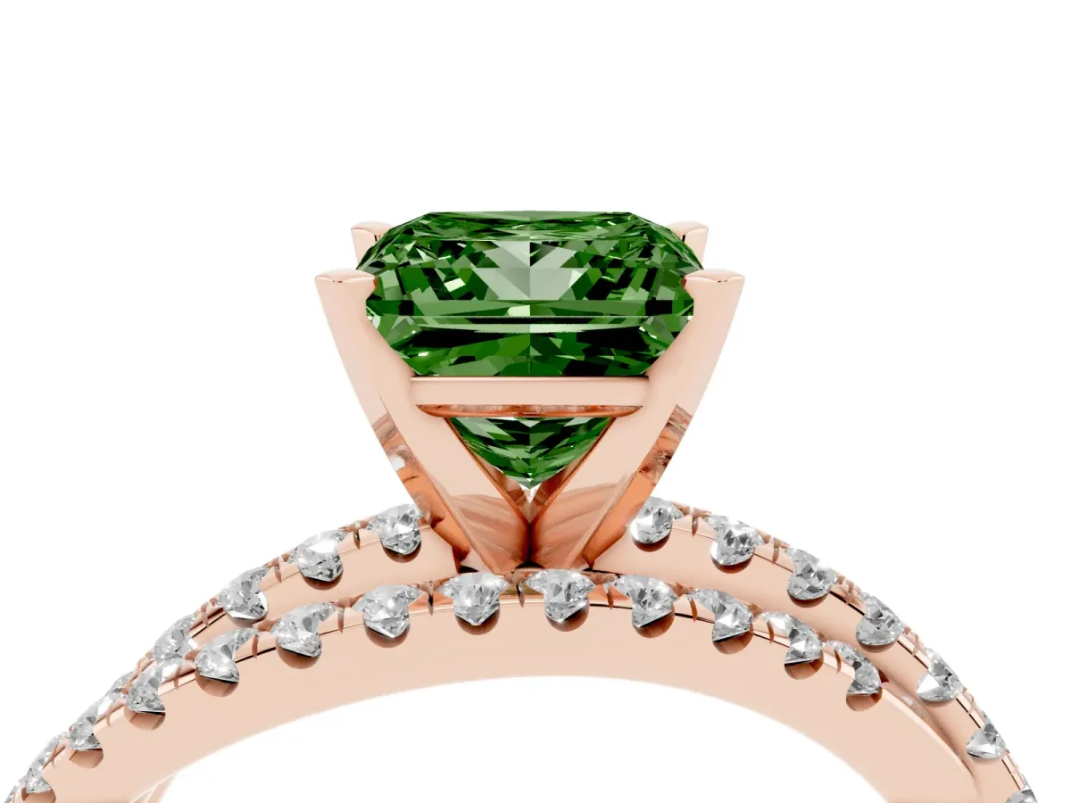 Fancy Green Princess Cut Solitaire Twist Band with Pavé Setting and Four-Prong Setting Rose gold