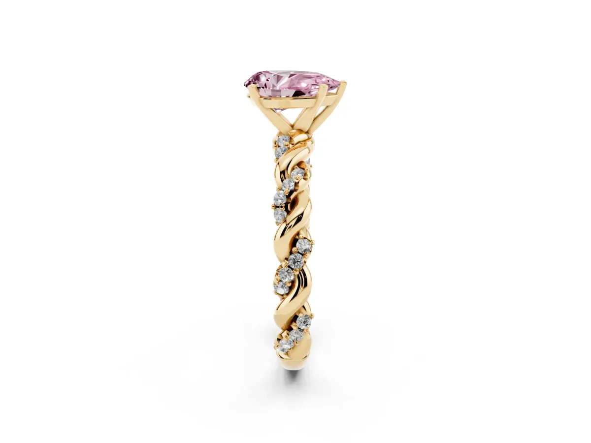 Fancy Pink Pear Cut Diamond Solitaire Ring with Twisted Band and Pavé Accents Yellow gold