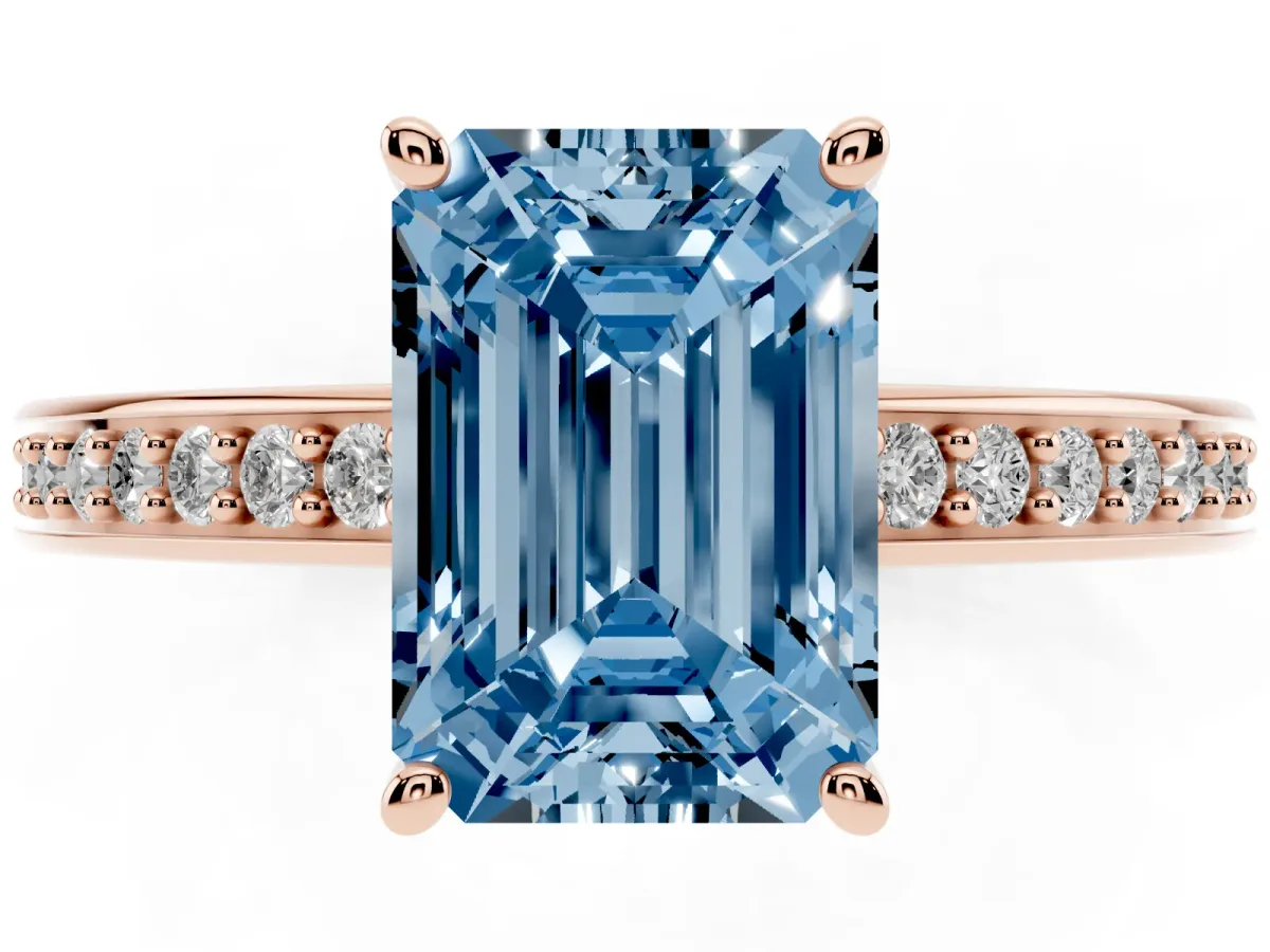 Fancy Blue Emerald Cut Solitaire Pavé Band Prong Setting Ring Rose gold