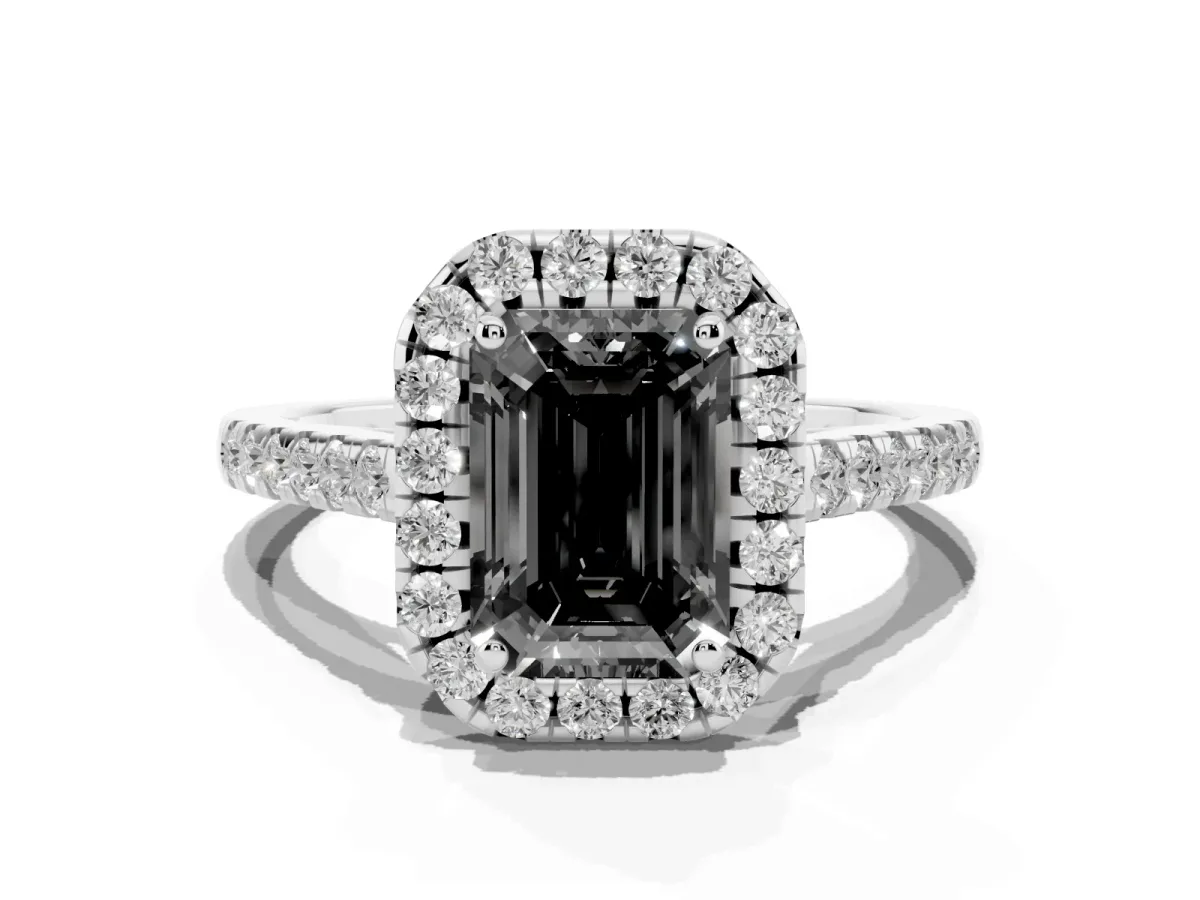 Fancy Black Emerald Cut Halo Pave Diamond Engagement Ring with Four-Prong Setting Silver