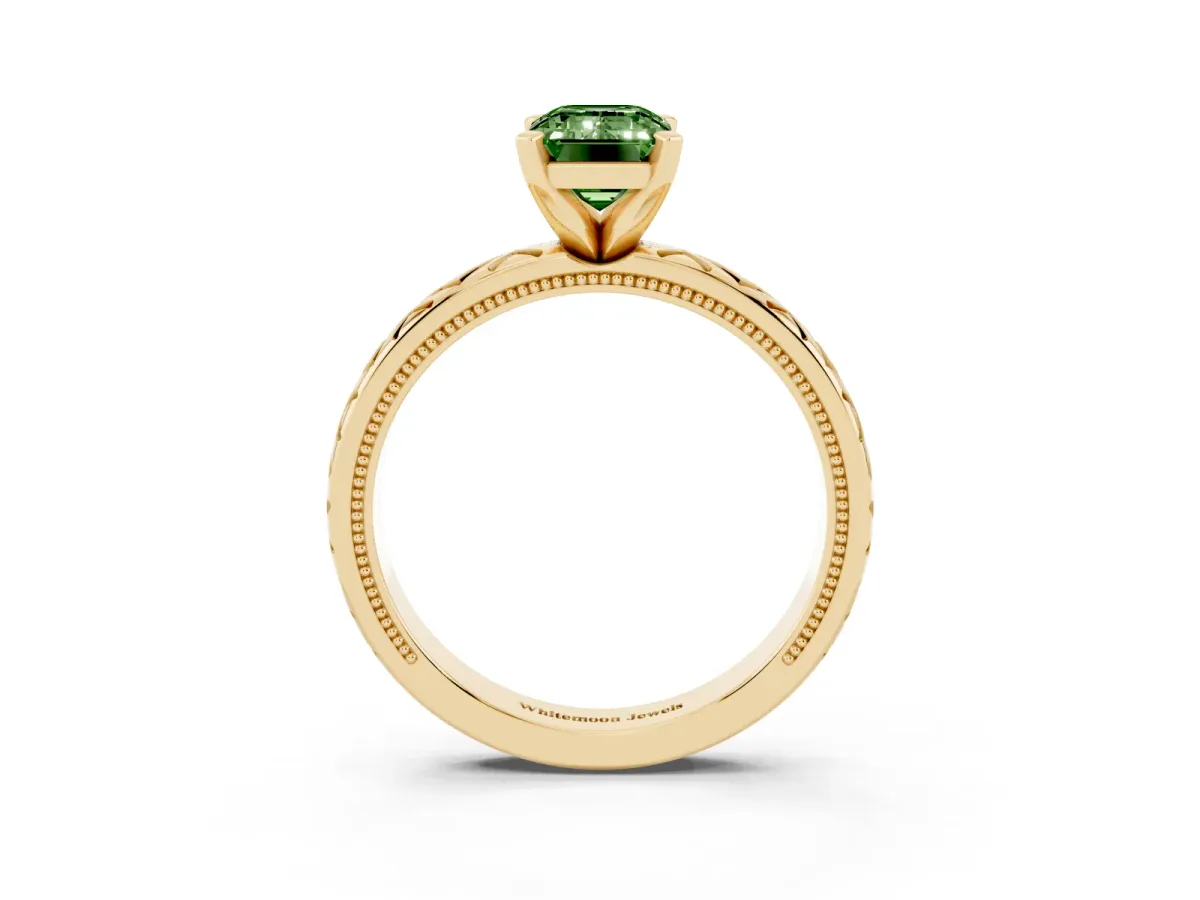 Fancy Green Emerald Cut Solitaire Diamond Ring with Milgrain and Black Enamel X Pattern Band Yellow gold