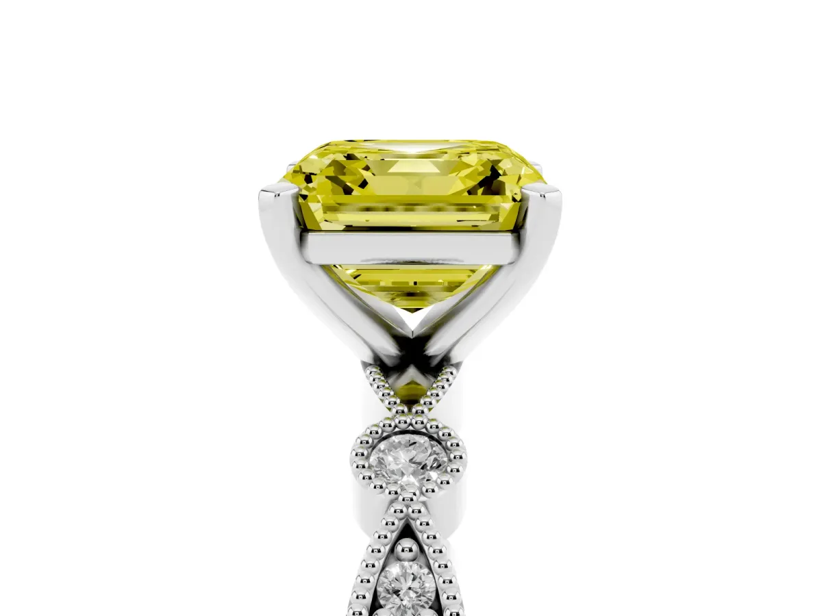 Fancy Yellow Asscher Cut Milgrain Bezel Diamond Engagement Ring with Solitaire Prong Setting Platinum