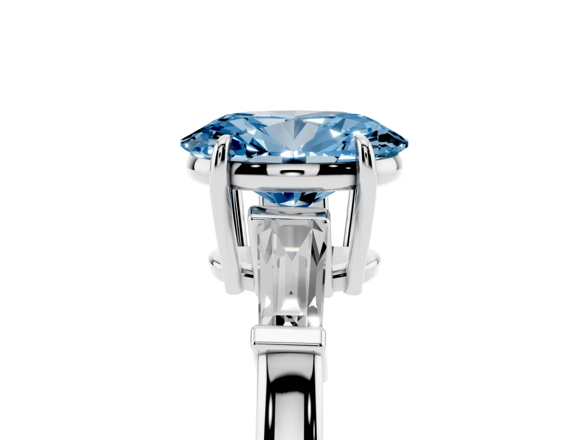 Fancy Blue Oval Cut Diamond Three-Stone Ring with Tapered Baguette Side Stones and Prong Setting Silver