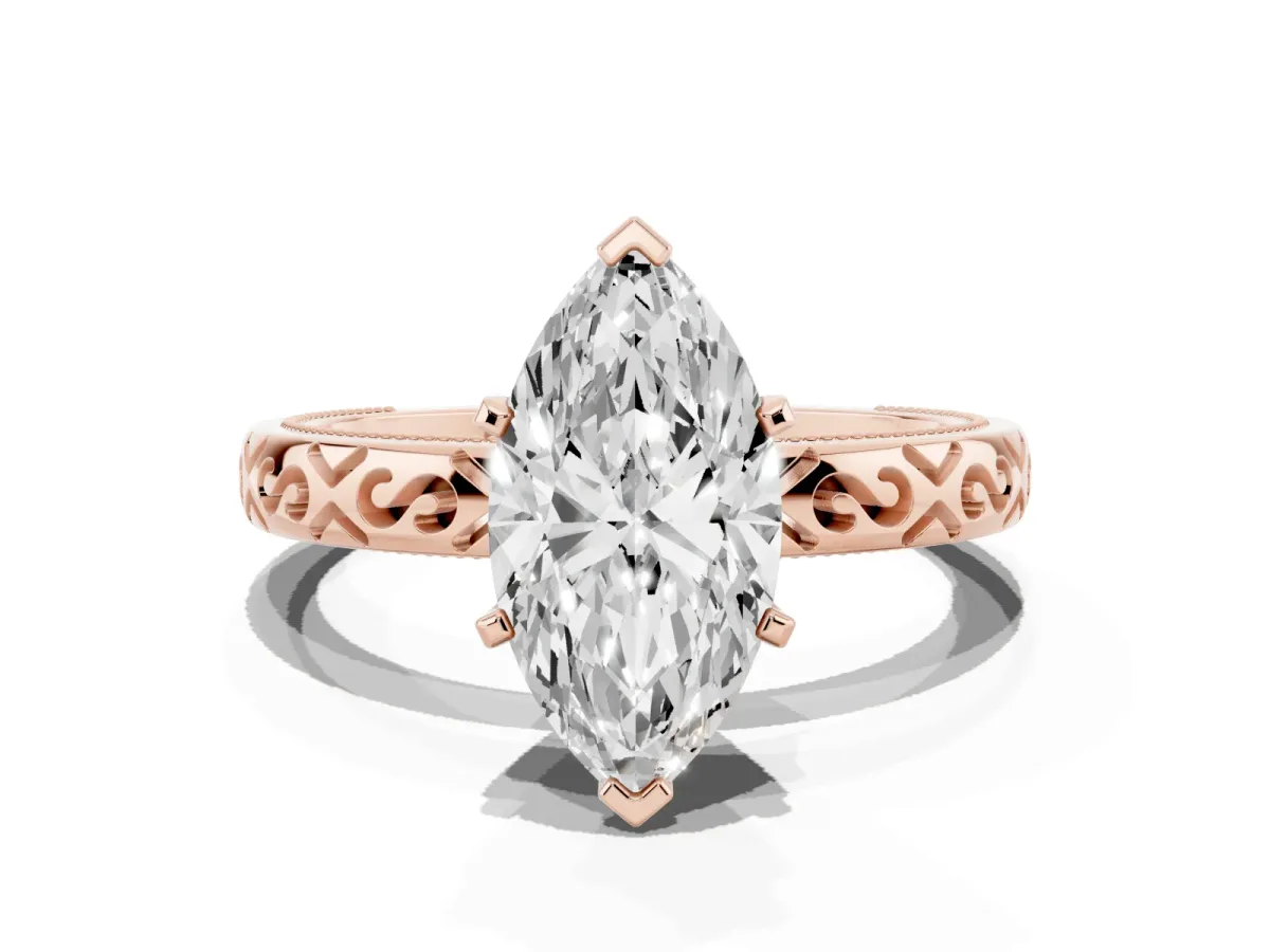 Marquise Cut Solitaire Engagement Ring with Scrollwork Band and Four-Prong Setting Rose gold