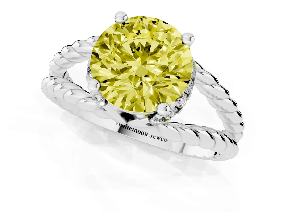 Fancy Yellow Round Cut Halo Twisted Band Four-Prong Ring Silver
