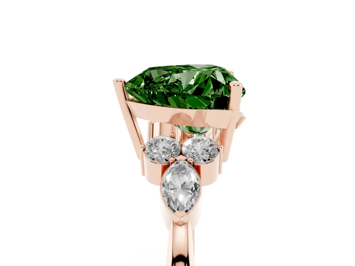 Fancy Green Heart Cut Brilliant Diamond Solitaire Ring with Pear Side Stones and Four-Prong Setting Rose gold