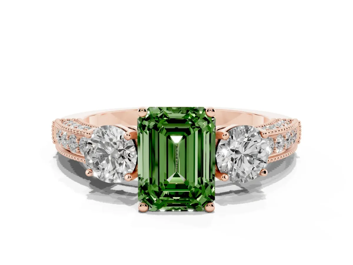 Fancy Green Emerald Cut Three-Stone Diamond Ring with Pavé Band and Four-Prong Setting Rose gold
