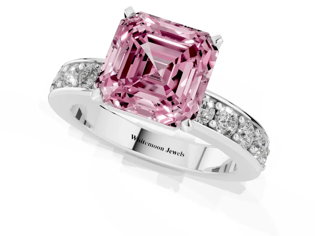 Fancy Pink Asscher Cut Diamond Engagement Ring with Channel Set Round Band and Prong Setting White gold