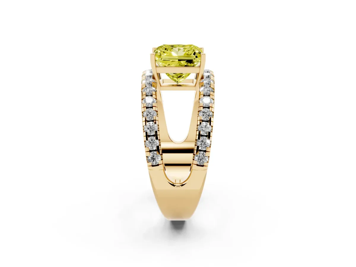 Fancy Yellow Princess Cut Solitaire Split Shank Pave Diamond Ring Yellow gold