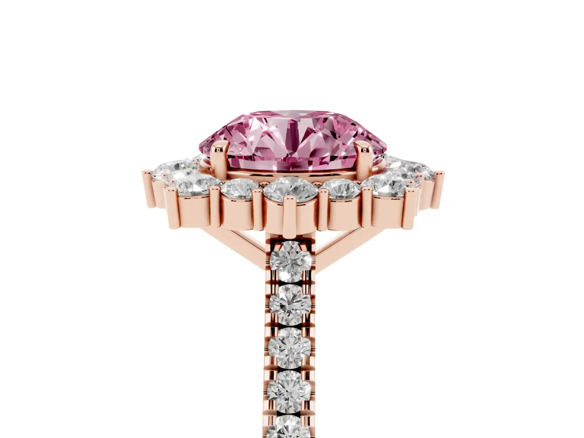 Fancy Pink Round Cut Halo Diamond Ring with Pavé Band and Prong Setting Rose gold
