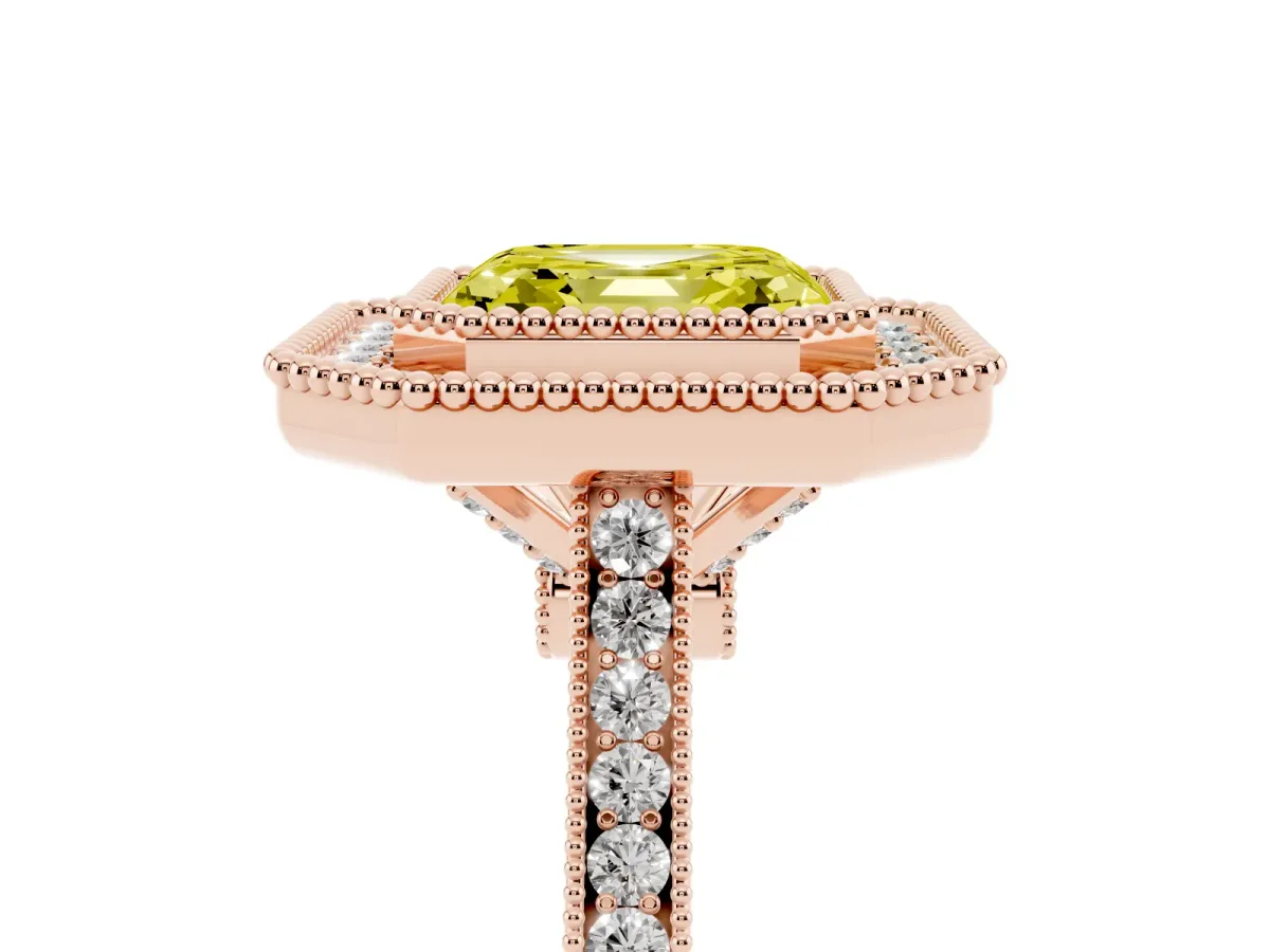 Fancy Yellow Asscher Cut Diamond Halo Ring with Milgrain Frame and Pavé Band Rose gold