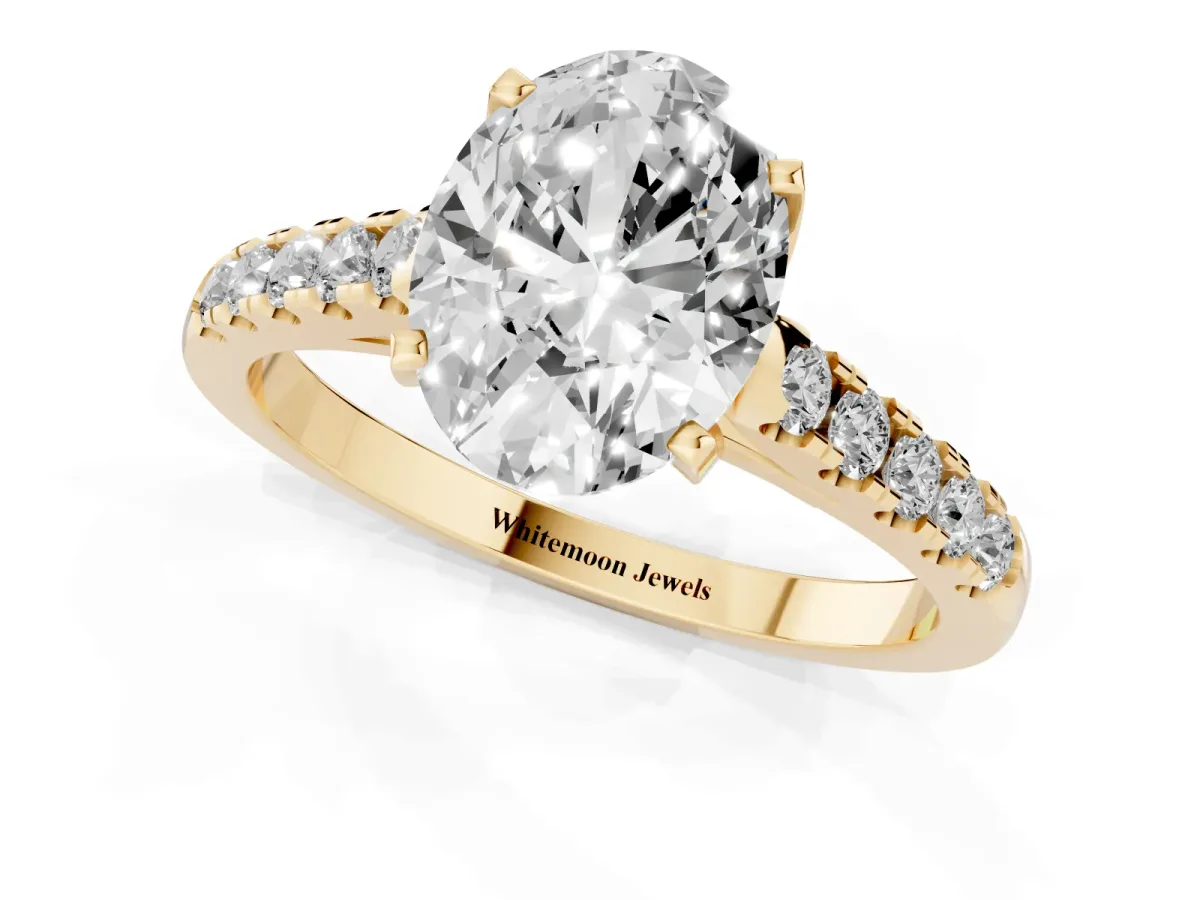 Oval Cut Diamond Pavé Band Solitaire Ring with Prong Setting Yellow gold
