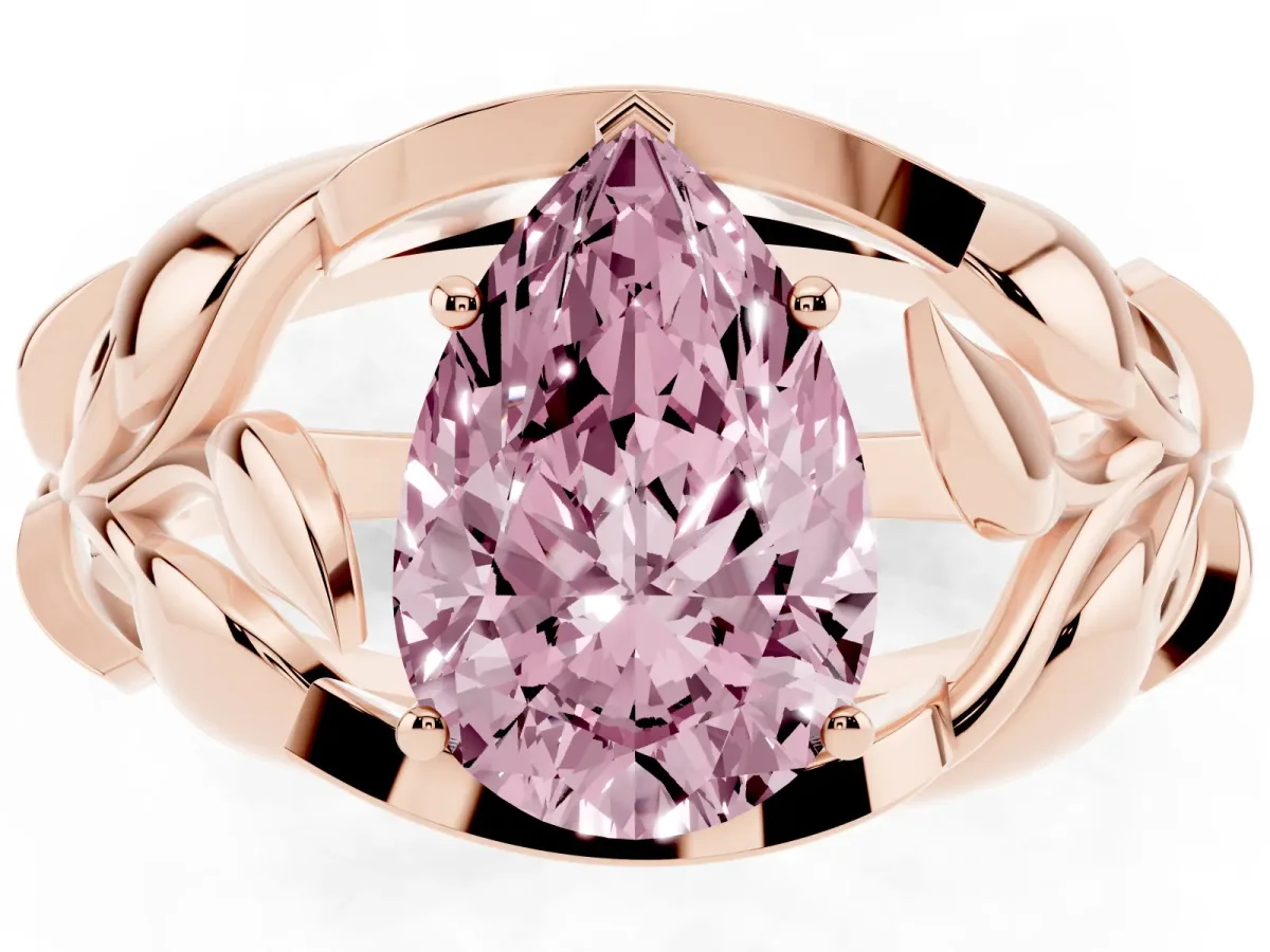 Fancy Pink Pear Cut Diamond Leaf-Inspired Engagement Ring with Round Accents and Prong Setting Rose gold