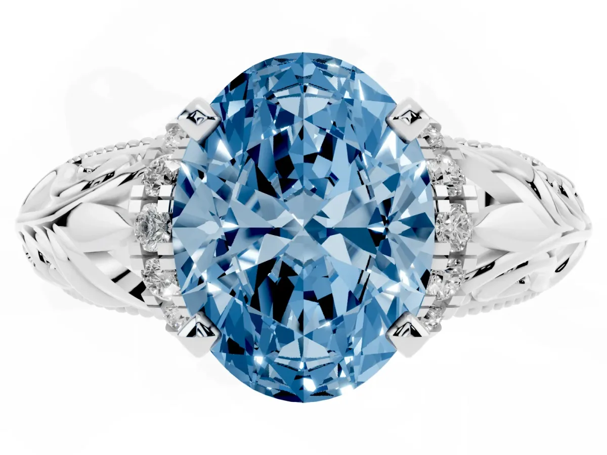 Fancy Blue Oval Cut Solitaire Filigree Engagement Ring with Halo and Prong Setting Silver