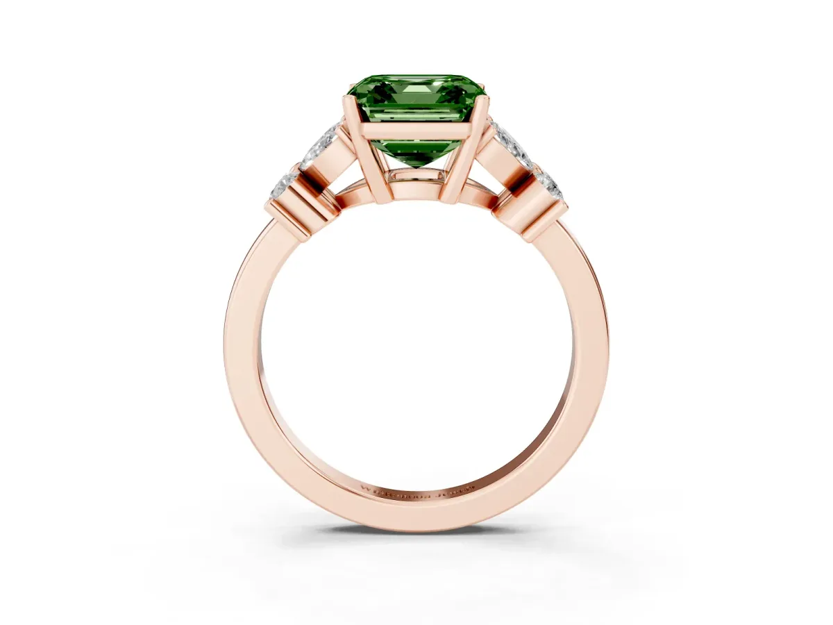 Fancy Green Asscher Cut Diamond Floral Cluster Ring with Solitaire Band and Prong Setting Rose gold