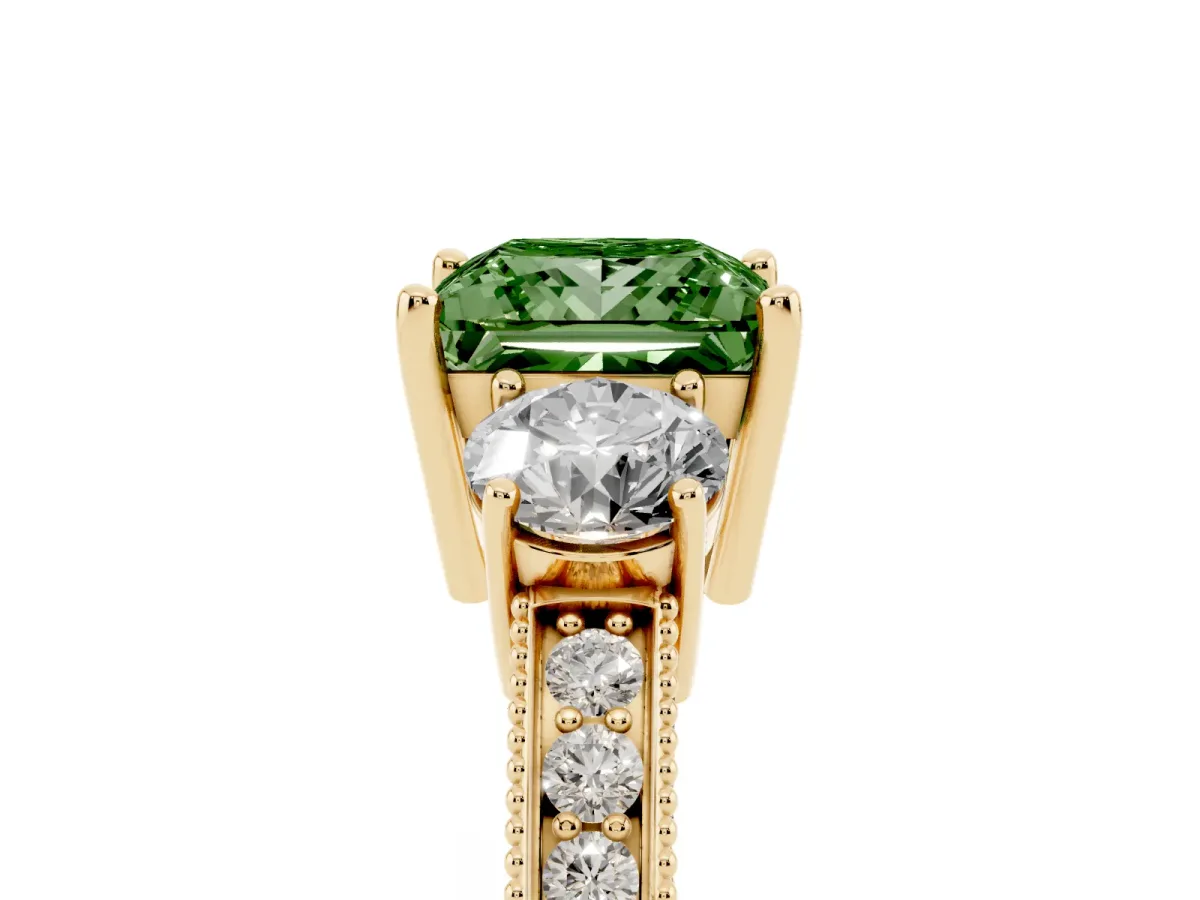 Fancy Green Princess Cut Three-Stone Diamond Ring with Pavé Band and Four-Prong Setting Yellow gold