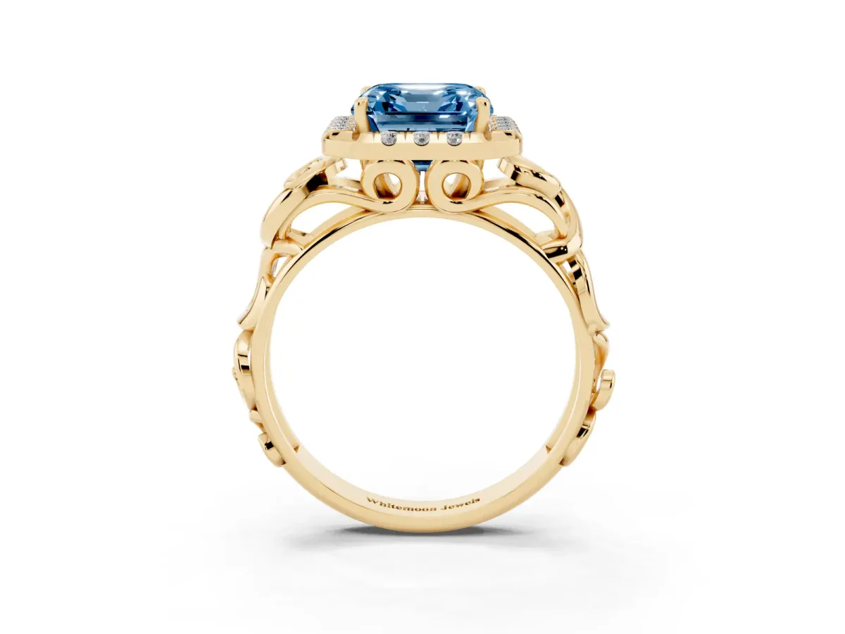 Fancy Blue Asscher Cut Cut Halo Diamond Ring with Scrollwork Band and Four-Prong Setting Yellow gold