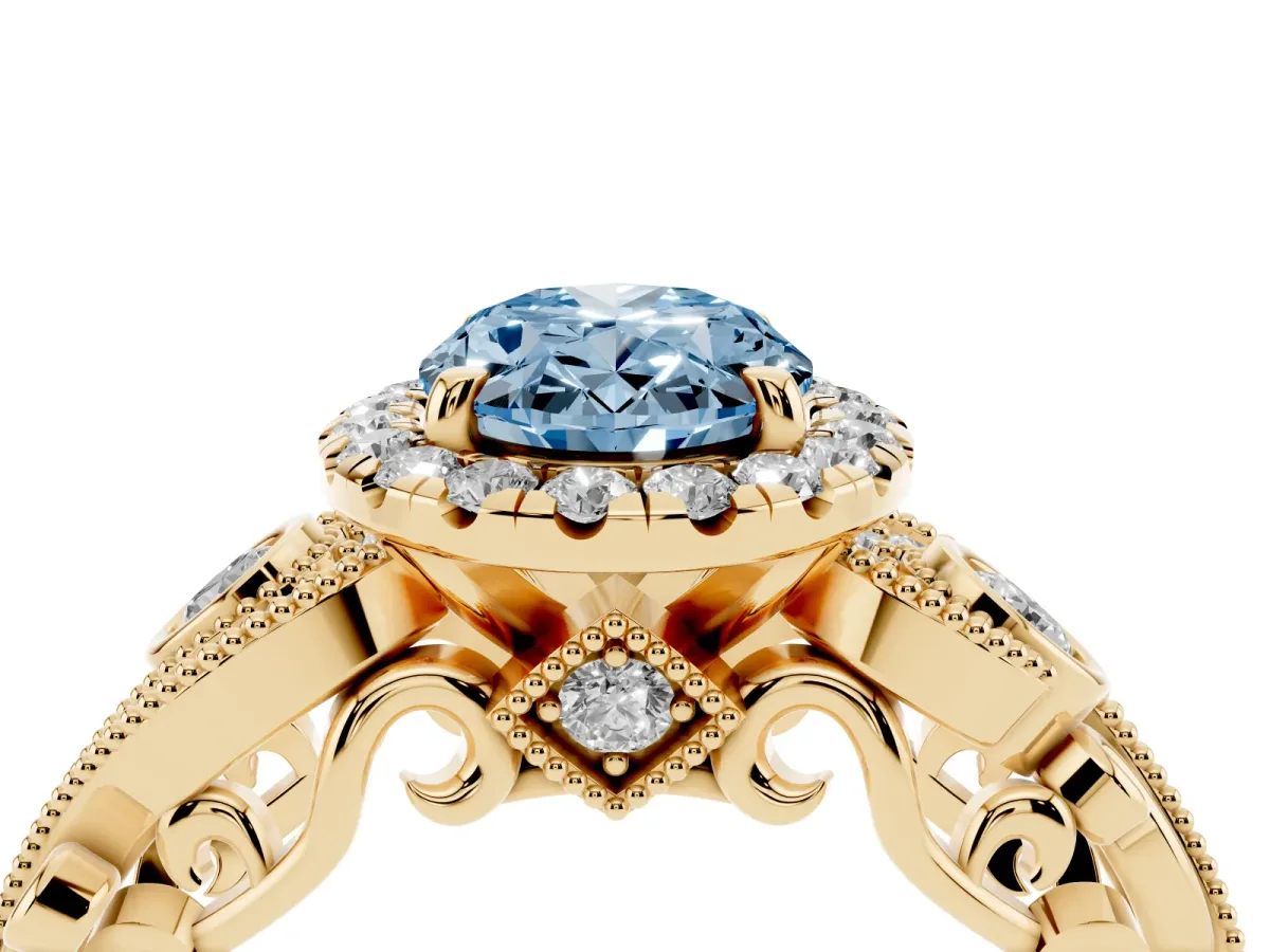 Fancy Blue Oval Cut Halo Diamond Ring with Milgrain and Bezel Accents on a Split Shank Band Yellow gold