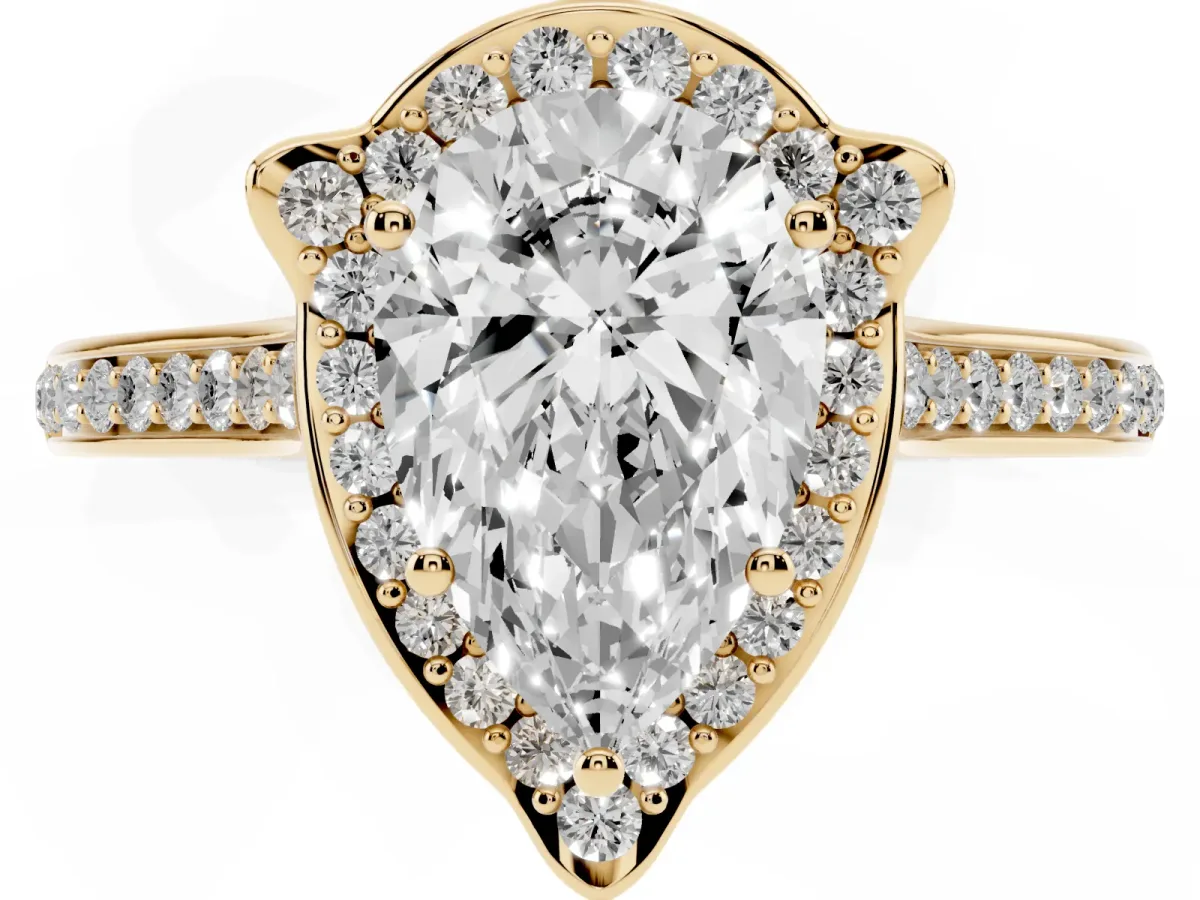 Pear Cut Halo Round Diamond Pave Band with Four-Prong Setting Yellow gold
