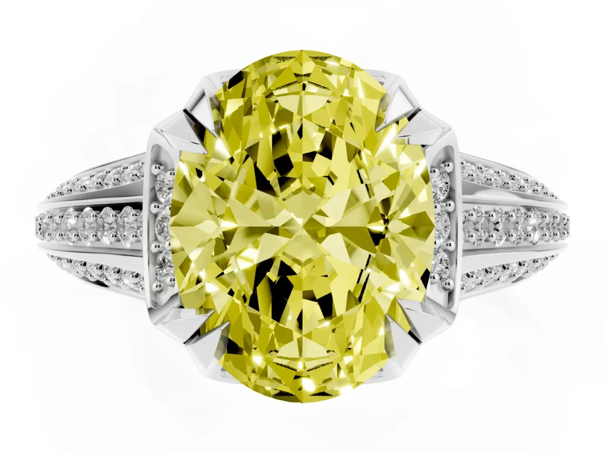 Fancy Yellow Oval Cut Solitaire Pave Split Shank Ring with Four-Prong Setting Platinum