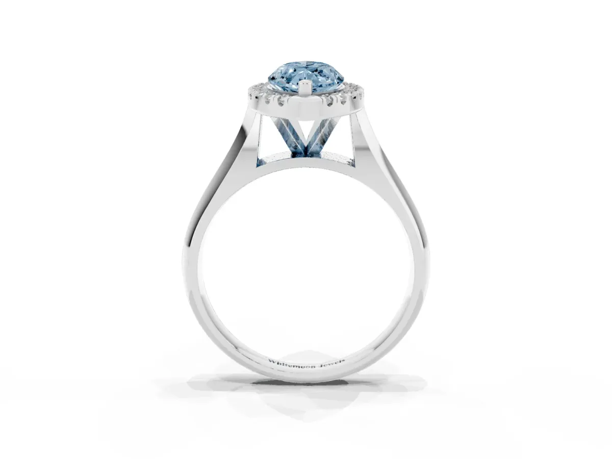 Fancy Blue Marquise Cut Cut Halo Solitaire Engagement Ring with Square Band and Four-Prong Setting White gold