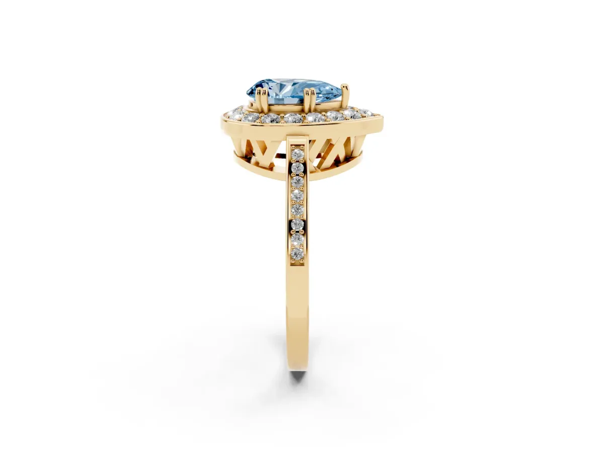 Fancy Blue Pear Cut Diamond Halo Ring with Split Shank and Four-Prong Setting Yellow gold