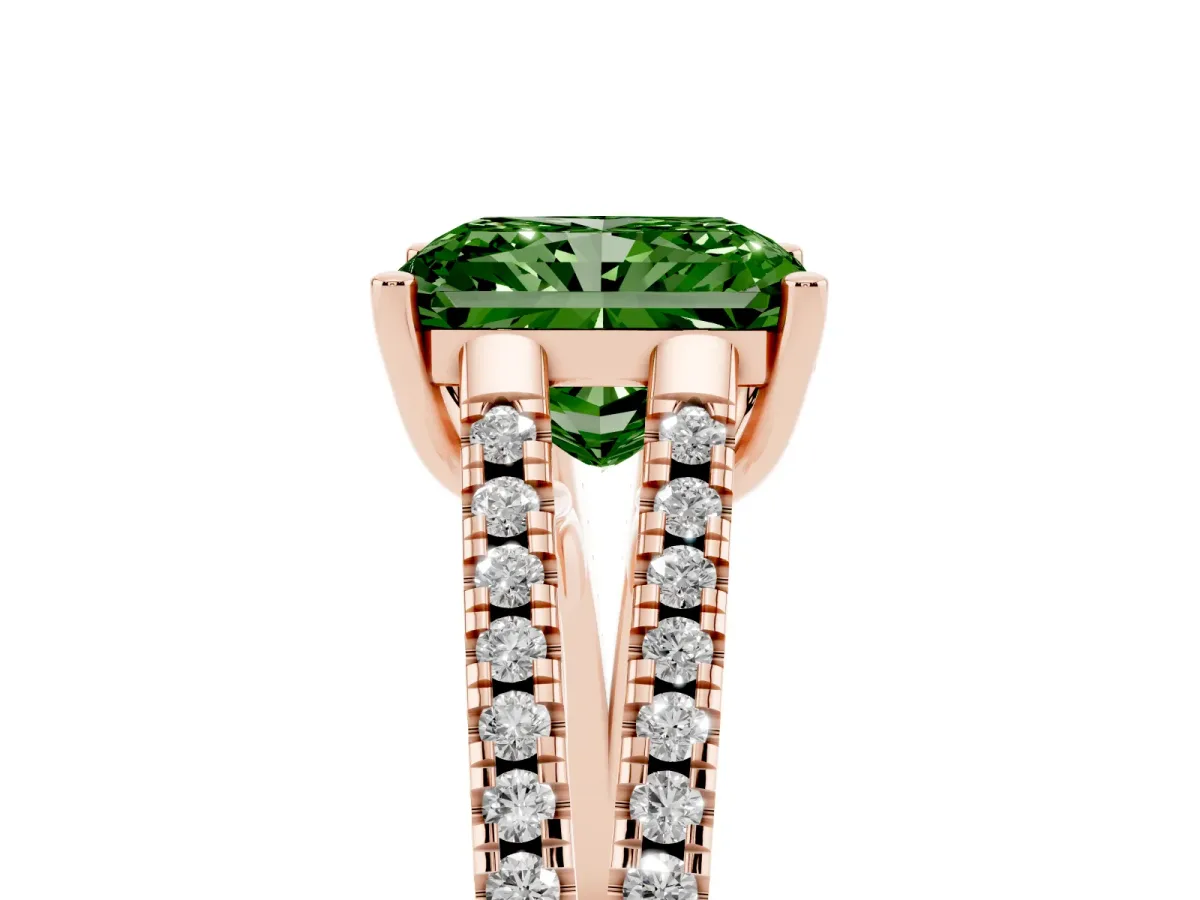 Fancy Green Radiant Cut Diamond Solitaire Engagement Ring with Split Shank Pavé Band Rose gold