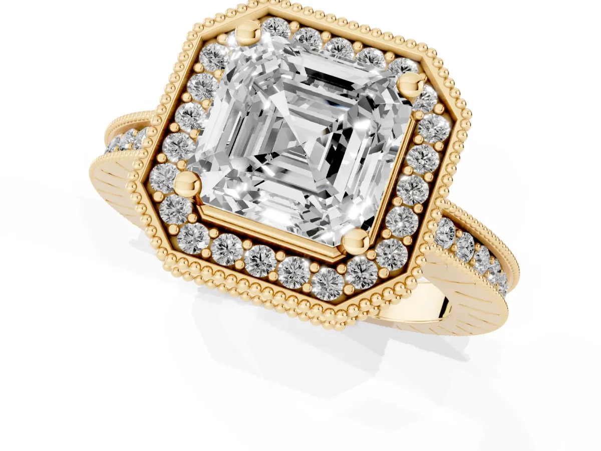 Asscher Cut Diamond Milgrain Halo Engagement Ring with Round Pavé Band and Prong Setting Yellow gold