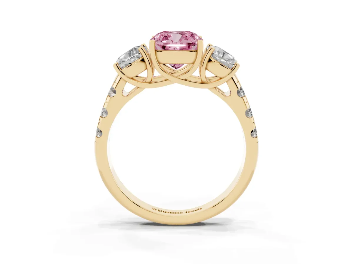Fancy Pink Three-Stone Cushion Cut Diamond Pavé Band with Prong Setting Yellow gold