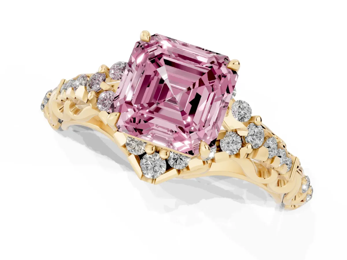 Fancy Pink Asscher Cut Diamond Solitaire Ring with Hidden Halo and Pavé Band Yellow gold