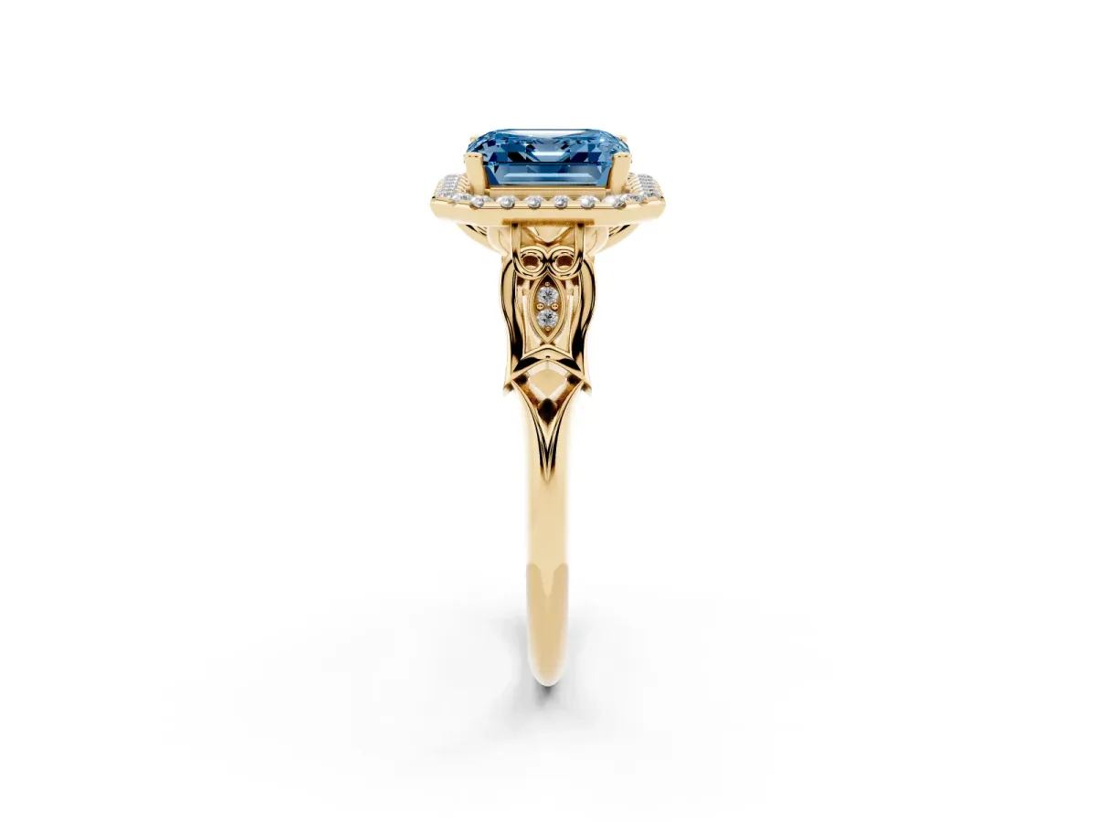 Fancy Blue Asscher Cut Halo Diamond Engagement Ring with Filigree Band and Four-Prong Setting Yellow gold