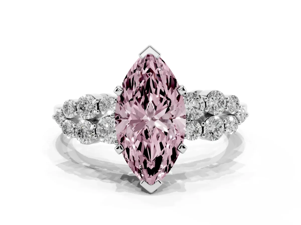 Fancy Pink Marquise Cut Cluster Diamond Engagement Ring with Pavé Band and Four-Prong Setting Silver