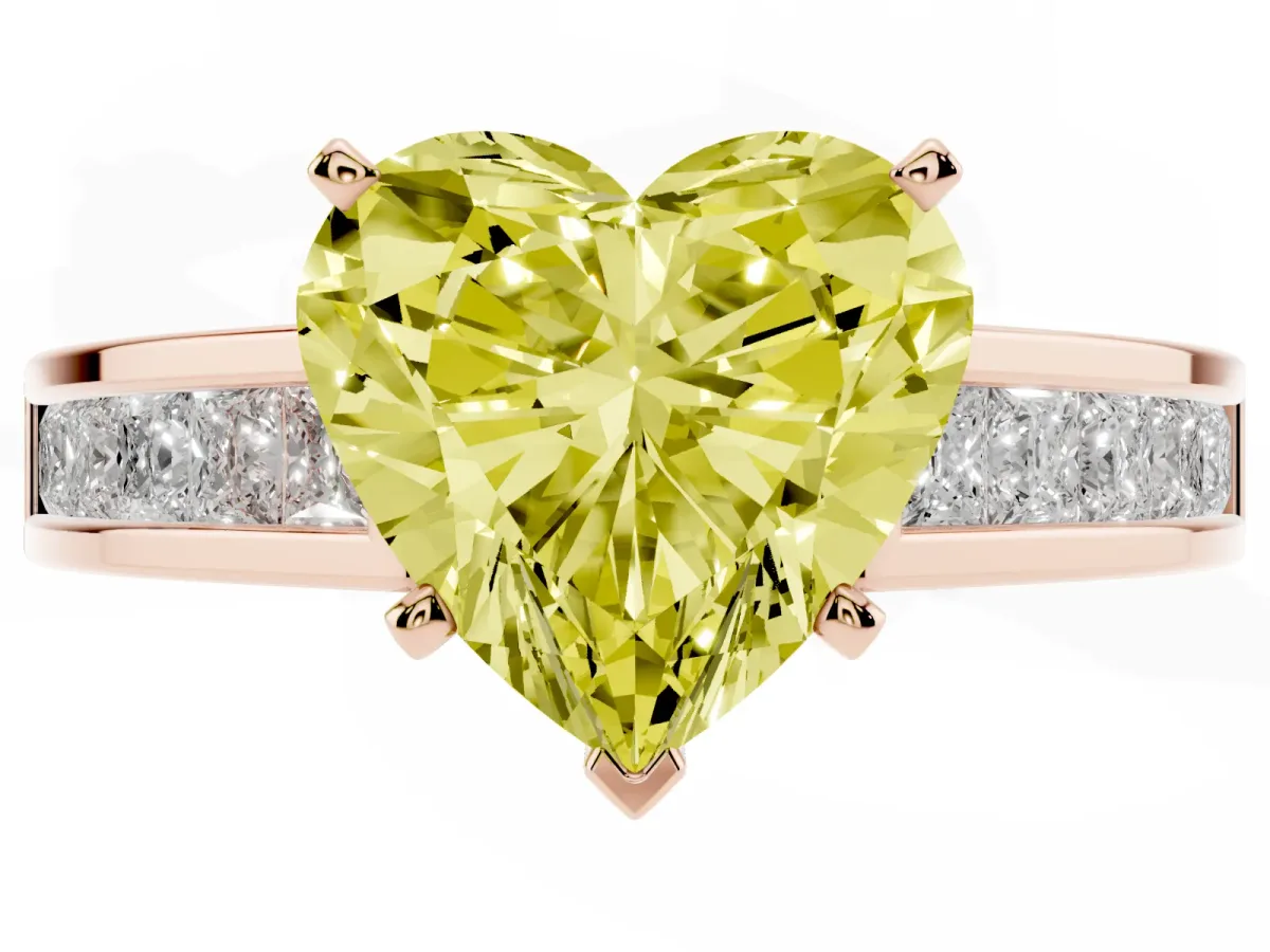Fancy Yellow Heart Cut Solitaire Diamond Ring with Channel-Set Band and Four-Prong Setting Rose gold