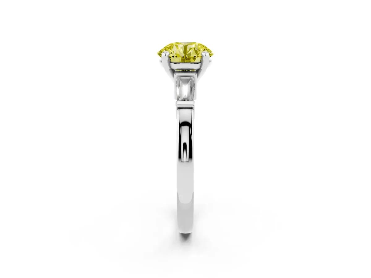 Fancy Yellow Round Cut Cut Diamond Solitaire Ring with Tapered Baguette Accents and Four-Prong Setting White gold