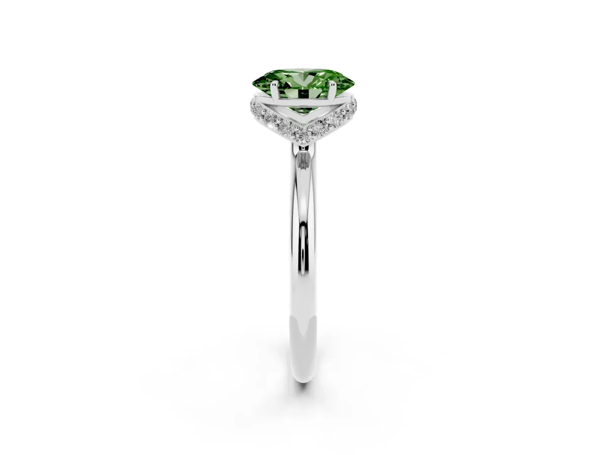 Fancy Green Oval Cut Brilliant Solitaire Engagement Ring with Six-Prong Setting and Classic Band Silver