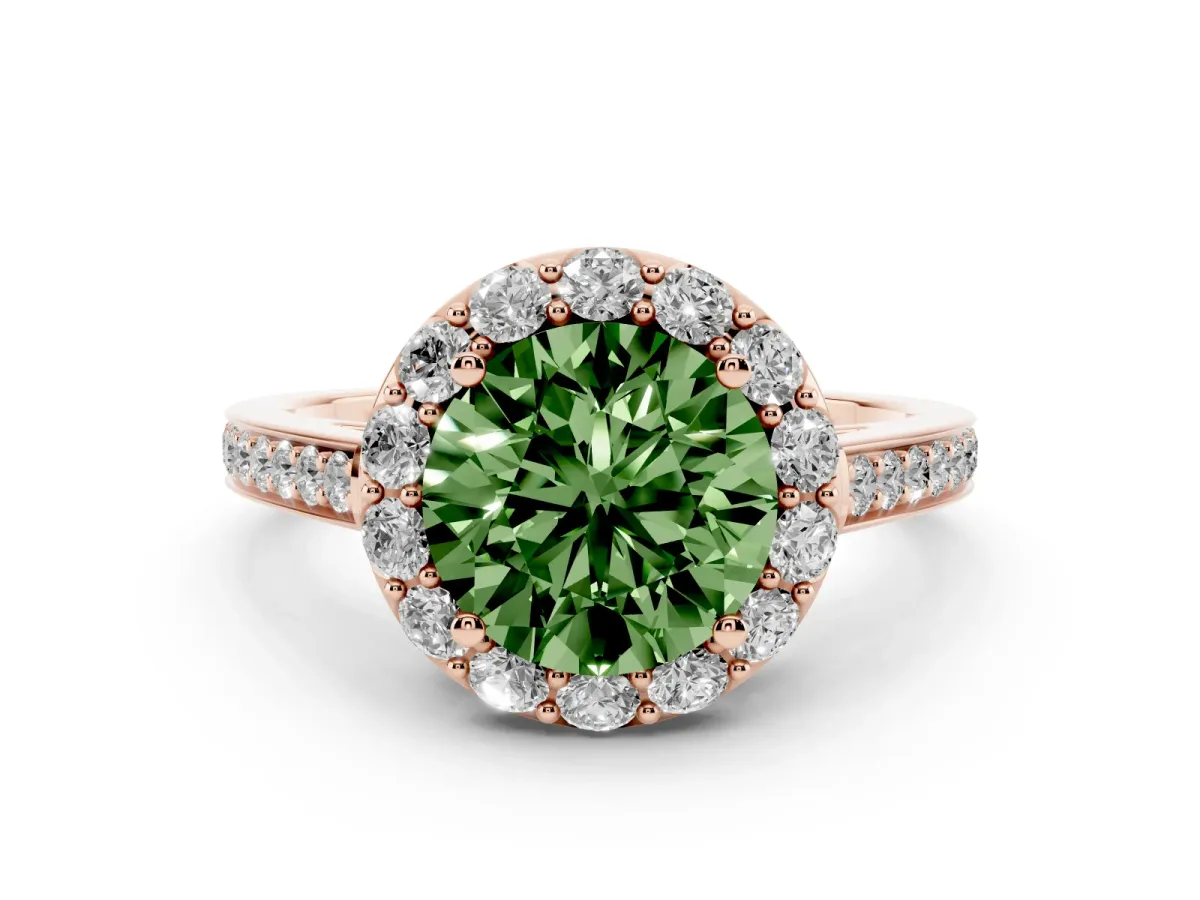 Fancy Green Round Cut Diamond Floral Halo Ring with Pavé Band and Prong Setting Rose gold