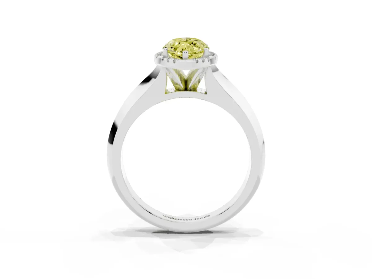 Fancy Yellow Marquise Cut Halo Diamond Ring with Cathedral Band and Four-Prong Setting White gold