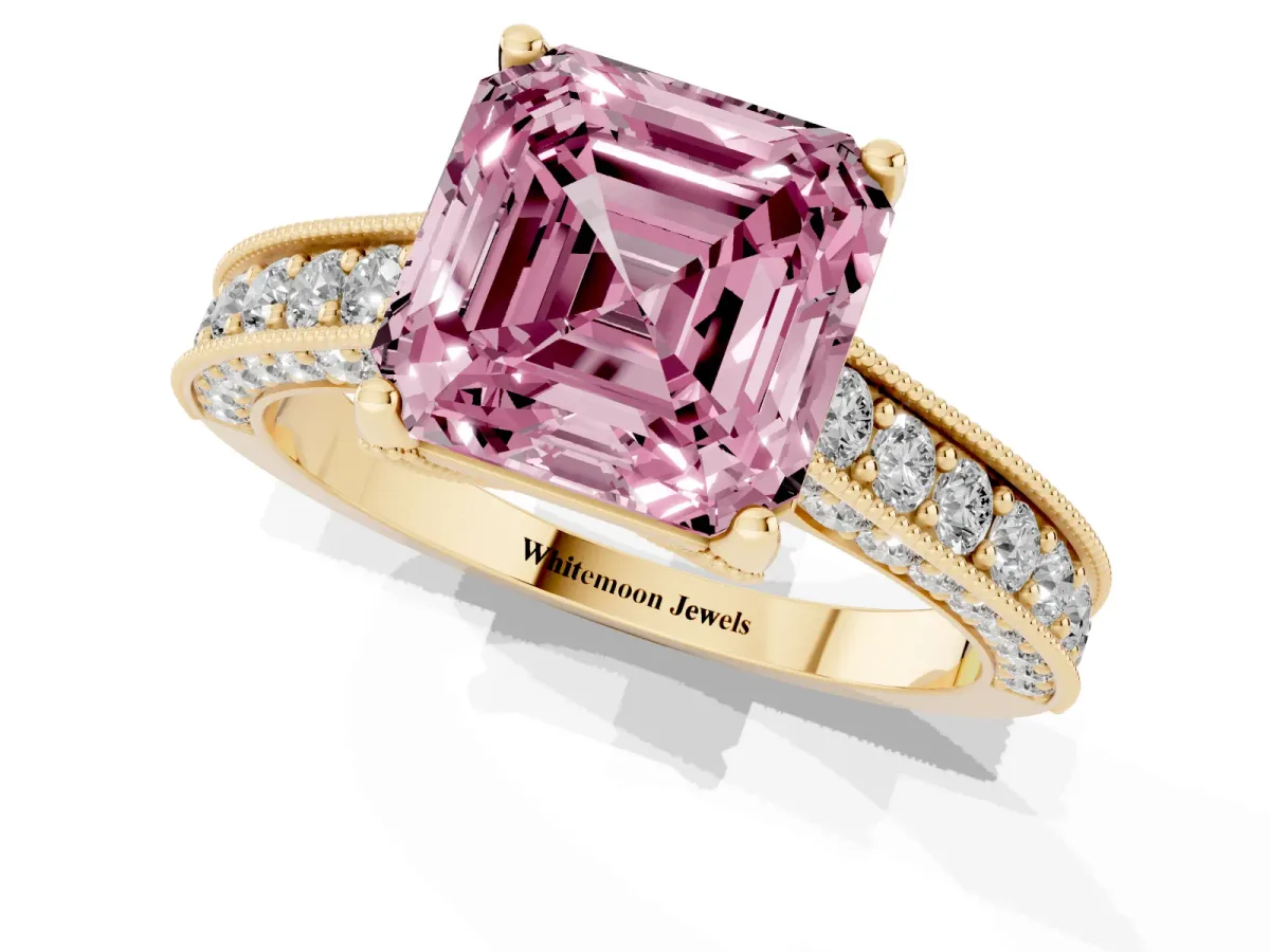 Fancy Pink Asscher Cut Cut Diamond Solitaire Ring with Milgrain Pave Band and Four Prong Setting Yellow gold