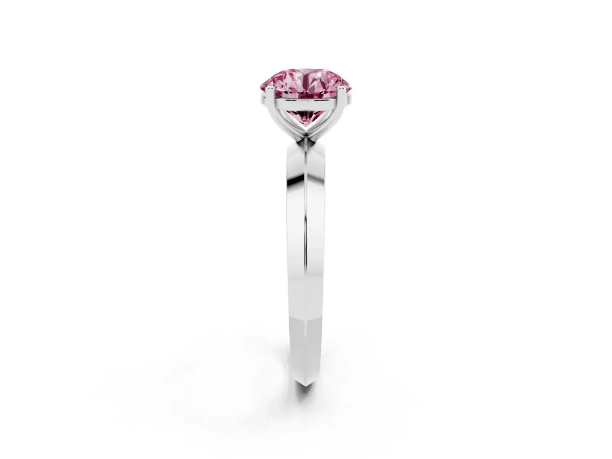 Fancy Pink Round Cut Cut Solitaire Engagement Ring with Flat Band and Four-Prong Setting White gold